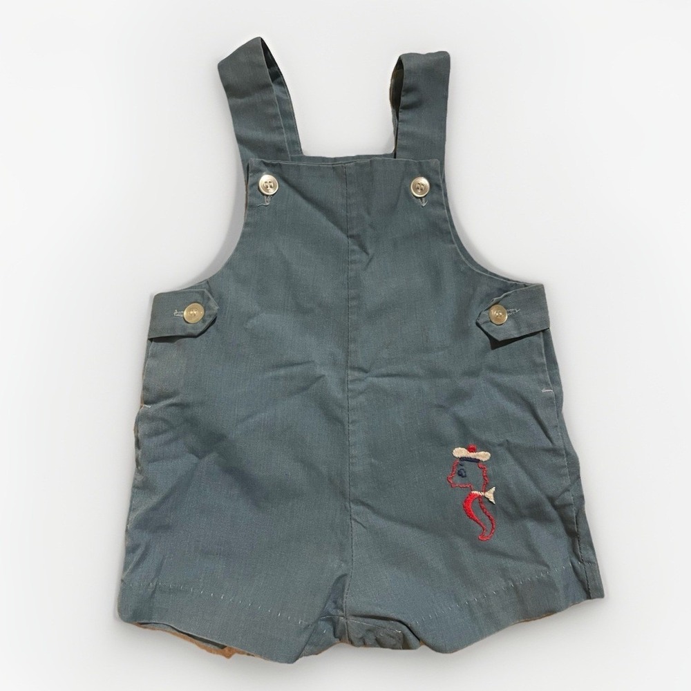 Vintage Health-Tex 70s Baby Romper Overalls 12M Seahorse USA Nautical‎ Blue